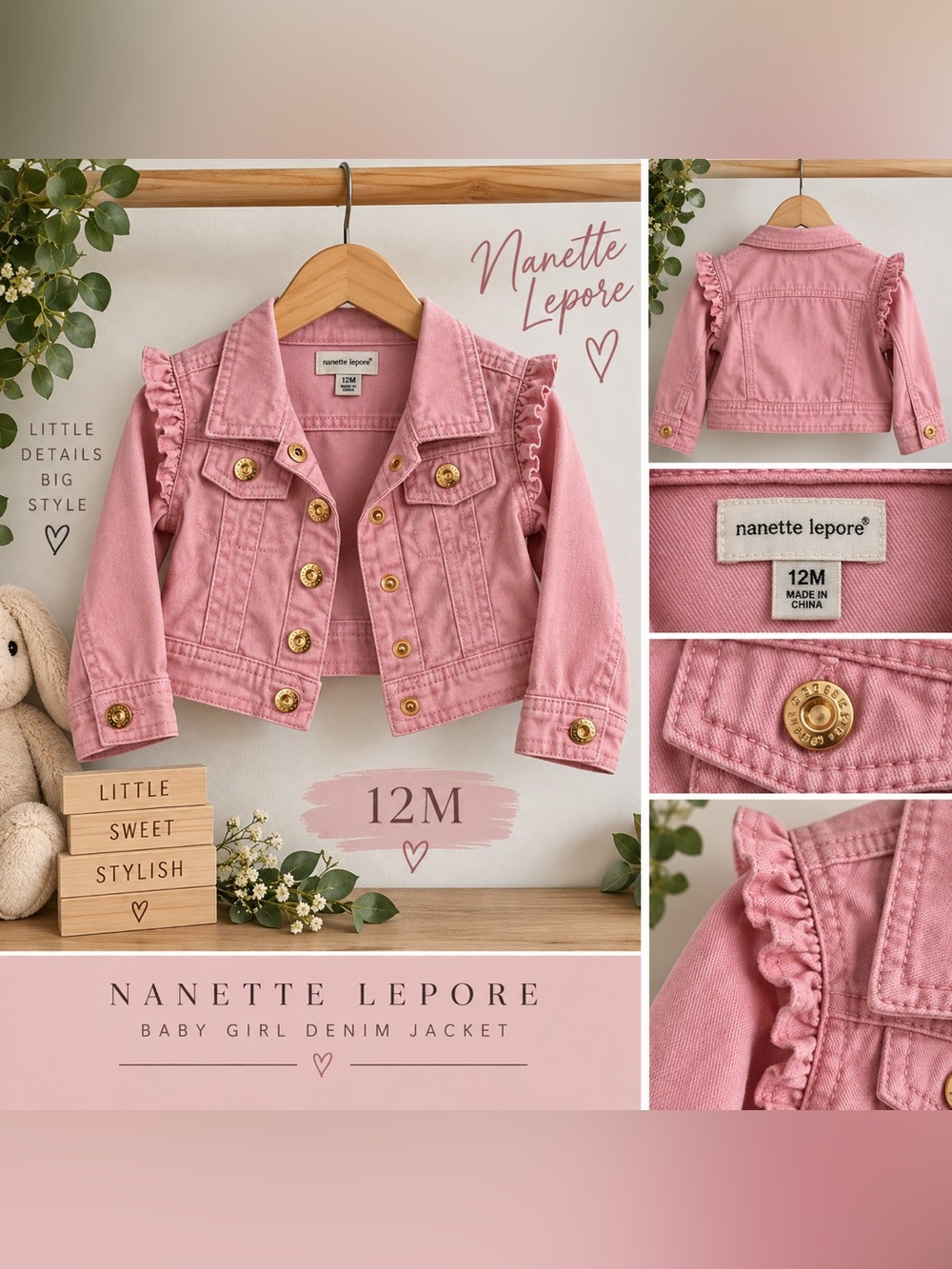 Nanette Lepore Baby Girls Pink Denim Jacket 12M Ruffle Gold Buttons